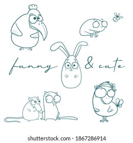 Hand drawn set of funny animals, elements for design, textile prints