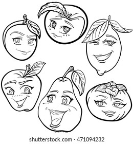 Hand drawn set of funny cartoon fruits with mouth and eyes. Cartoon Clip Art. coloring outline