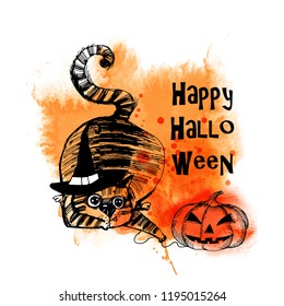 Hand drawn set of funny cats and Halloween elements
