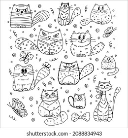 Juego de gatos graciosos dibujado a mano al estilo de garabatos, blanco y negro