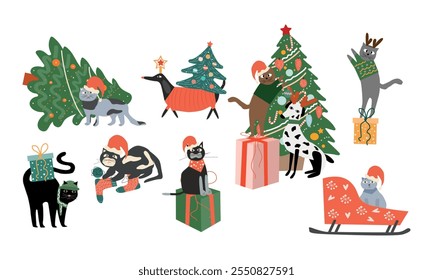 Conjunto de gatos divertidos dibujados a mano que celebran Navidades con decoraciones navideñas. Estilo de dibujos animados de diseño plano de Vector.