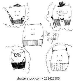 Hand drawn set of funny cats on white background.
