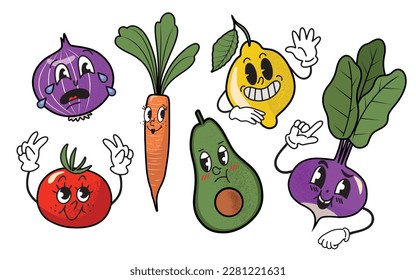 Hand drawn set with funny old fashioned vegetables and fruits with faces, food mascots. Isolated vector illustration
