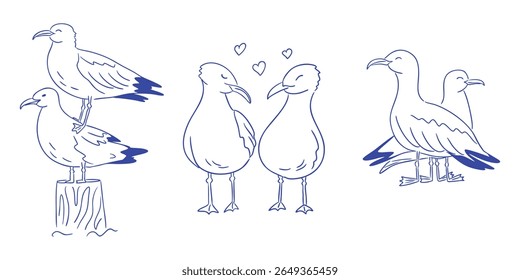 Conjunto desenhado à mão de rabiscos de gaivota engraçada em poses bonitinhas diferentes isoladas no fundo branco. Este vetor representa as vibrações brincalhonas à beira-mar e personagens de pássaros bem-humorados.
