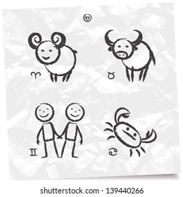 Hand drawn set of funny zodiac: Aries, Taurus, Gemini and Cancer