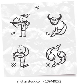 Hand drawn set of funny zodiac: Sagittarius, Capricorn, Aquarius & Fish
