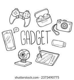 handgezeichnete Gadgets-Doodles mit blauer Schrift auf Vektorgrafik