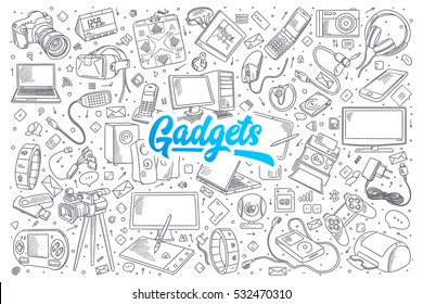 Hand drawn set of gadgets doodles with blue lettering in vector