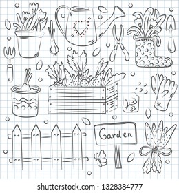 Hand drawn set of garden tools. Vintage ink drawing. Vector illustration isolated on notebook background.