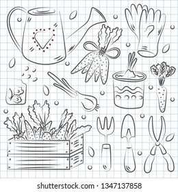 Hand drawn set of garden tools. Vintage ink drawing. Vector illustration isolated on notebook background.