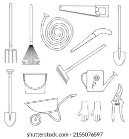 Hand drawn set of gardening tools. Tools for planting and caring for plants. Doodle style. Vector.