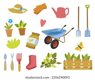 hand drawn set of gardening tools. set, individual items on a white background