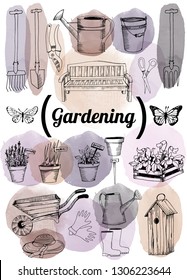 Hand drawn set of gardening. Watercolor vector background