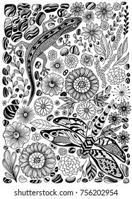 Flowers Butterflies Zentangle Style Black White Stock Vector (Royalty ...