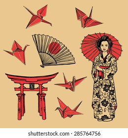 Hand drawn set with geisha, paper fan, Japanese gates and paper cranes