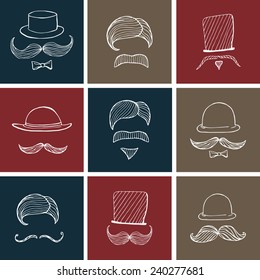 Hand drawn set gentlemen's elements. Mustache and hat, hipster style, concept vector illustration.