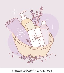 Hand Drawn Set Of Gift Box Spa Lavender Attributes. Spa , Wellness Center.Soap, Towel, Lotion, Shower Gel With Lavender In A Basket Set. Vector Illustration.Collection Of Beauty And Spa Line Drawings