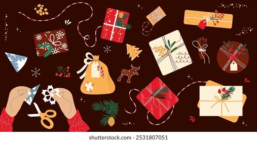 Hand drawn set with gift boxes, winter elements, hands making a snowflake. Vector design of gift wrapping.