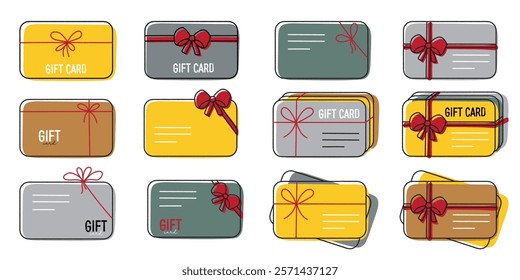 Hand drawn set of gift cards. Collection of trendy icons. Present, giveaway, shopping online concept. Vector illustration