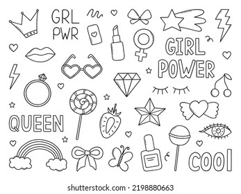 Hand drawn set of Girl power doodle. Feminist elements and girls party in sketch style. Vector illustration isolated on white background