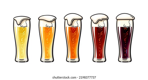 Hand drawn set of glasses of light and dark beer. Different types of craft fresh beer. Vector illustration isolated on white background.