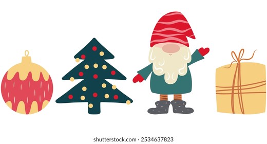 Dibujado a mano Conjunto de un gnomo, una caja de regalo, una bola de Navidad y un árbol de Navidad. Clipart de Vector de Navidades coloridas