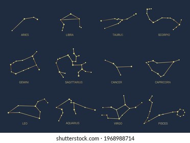 Hand drawn set of gold constellations celestial space. Zodiac horoscope symbols, stars astrology, astrology signs, icons. Magic space galaxy collection. Constellation vector sketch illustration