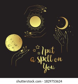 Hand drawn set of gold female witches hands with celestial bodies. Flash tattoo, sticker, patch or print design vector illustration