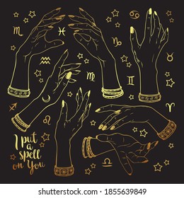 Hand drawn set of gold female witches hands in different poses. Flash tattoo, sticker, patch or print design vector illustration