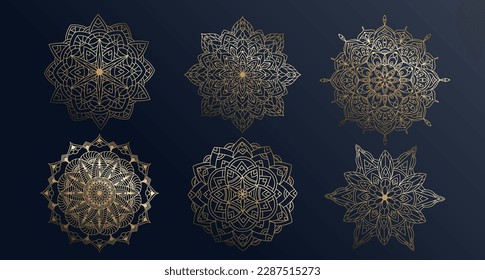 Hand drawn set of gold gradient mandala with floral elements. Beautiful vintage boho ornament. Decorative ethnic mosaic oriental pattern. Vector outline sketch illustration isolated on blue background