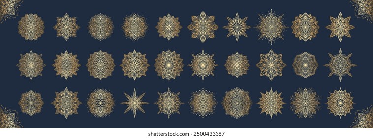 Hand drawn set of gold mandala with floral ornamental pattern. Decorative golden gradient mandala, ethnic oriental ornament, antique style, vintage art design. Vector illustration on blue background