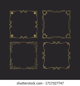 Hand drawn set of golden elegant square frames. Gold curve borders.  Vector isolated classic wedding invitation templates.