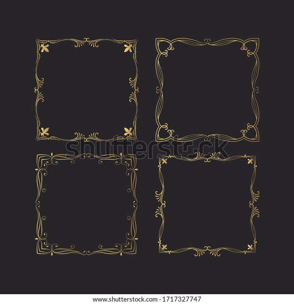 Hand drawn set of golden elegant square\
frames. Gold curve borders.  Vector isolated classic wedding\
invitation templates.