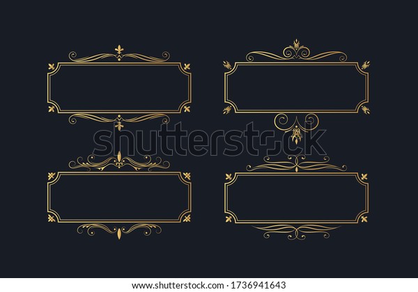 Hand drawn set of golden elegant rectangular\
frames. Gold vintage borders.  Vector isolated classic wedding\
invitation template.
