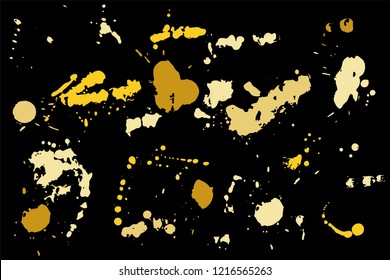 Hand drawn set of golden ink spots isolated on black background. Paint splat set ink. Splat drop vector. Blood splash. Paint blob.