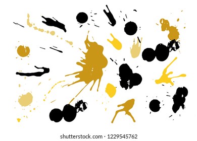 Hand drawn set of golden ink spots isolated on white background. Paint splat set ink. Splat drop vector. Blood splash. Paint blob.