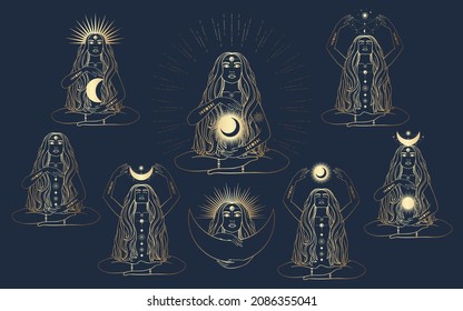 Hand drawn set of golden silhouette mystical women with Sun, moon, star in line art. Spiritual abstract young woman. Magic collection esoteric talisman. Vector illustration