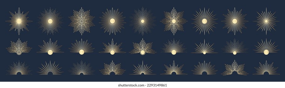 Hand drawn set of golden Sun, sunburst, light rays in line art. Bohemian symbol bursting sun rays. Magic talisman, antique style, boho, tattoo, logo. ​Vector gradient illustration on blue background