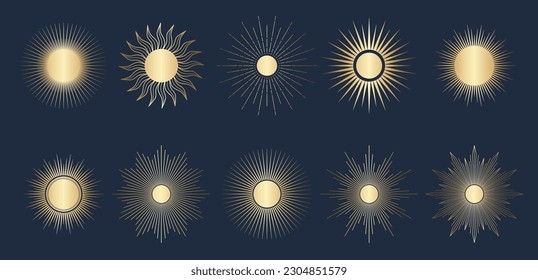 Hand drawn set of golden Sun, sunburst, light rays in line art. Bohemian symbol bursting sun rays. Magic talisman, antique style, boho, tattoo, logo. Vector illustration isolated on blue background.