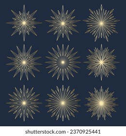Handgezeichneter Satz goldener Sonne, Sterne, Starburst, Sonnenbrand. Zaubersymbol, das Sonnenstrahlen platzt. Böhmischer Rundtalisman, antiker Stil, Boho, Tattoo, Logo. Vektorgrafik auf blauem Hintergrund