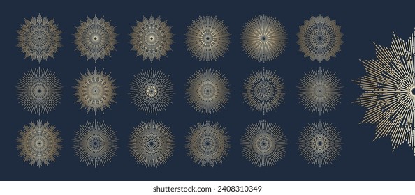 Hand drawn set of golden Sun, sunburst, light rays in line art. Bohemian symbol bursting sun rays. Magic talisman, antique style, boho, tattoo, logo. Vector illustration isolated on blue background