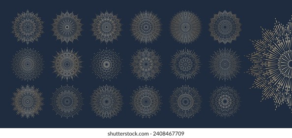 Hand drawn set of golden Sun, sunburst, light rays in line art. Bohemian symbol bursting sun rays. Magic talisman, antique style, boho, tattoo, logo. Vector illustration isolated on blue background