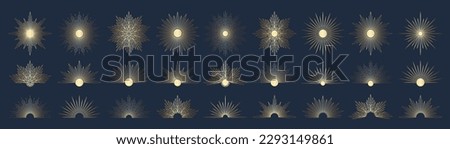 Hand drawn set of golden Sun, sunburst, light rays in line art. Bohemian symbol bursting sun rays. Magic talisman, antique style, boho, tattoo, logo. ​Vector gradient illustration on blue background