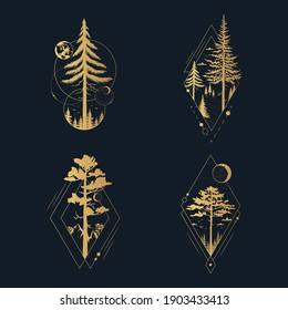 Hand drawn set of golden tree badges with pines, firs and stars. Vector isolated gold moon forest prints.  Geometric wanderlust frames for label or tattoo. 