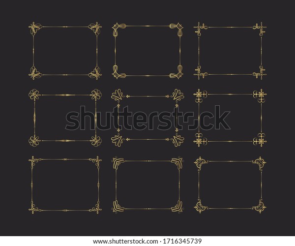 Hand drawn set of golden vintage rectangular\
frames. Gold ornate borders.  Vector isolated classic wedding\
invitation templates.