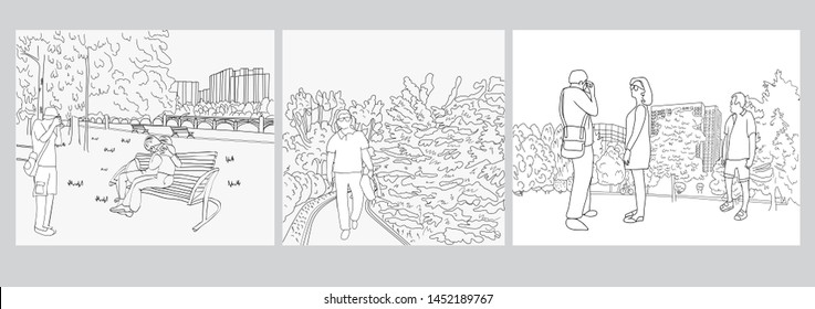 hand drawn set of graphic black white landscape sketch by line art illustration city Park and people walking and Taking Pictures  in the park outdoors. 