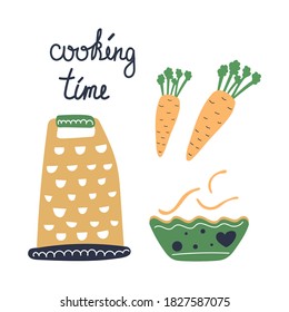 Juego de ramas dibujado a mano, zanahorias, tazón y tiempo de cocina de texto. Ilustración plana. Concepto de cocina.