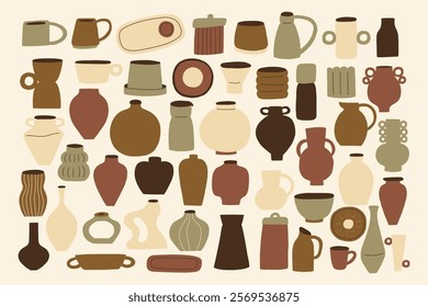 Hand Drawn Set Greek Organic Ceramic Vases Utensil Jar Pot. Pottery Shape Silhouette Collection Decor Elements. Vector Illustration