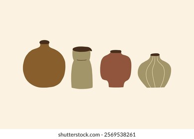 Hand Drawn Set Greek Organic Ceramic Minimalist Vases. Pottery Shape Silhouette Collection Decor Elements. Vector Illustration