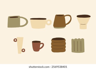 Hand Drawn Set Greek Organic Ceramic Clay Mugs. Pottery Shape Collection Silhouette Decor Elements. Vector Illustration